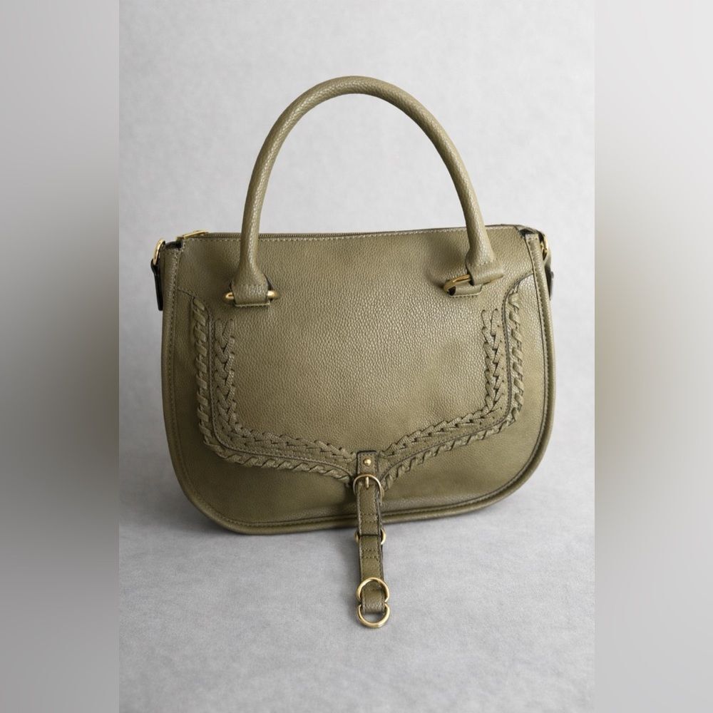 JustFab Olive Green Satchel Handbag‎ Braided Whipstitch Boho Top Handle Purse